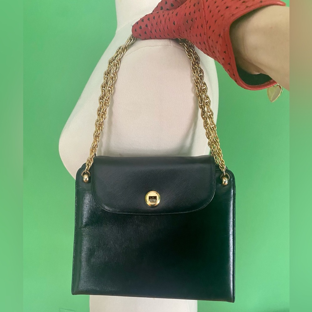 Vintage 50s Bienen Davis Black Leather box small Bag with gold chain